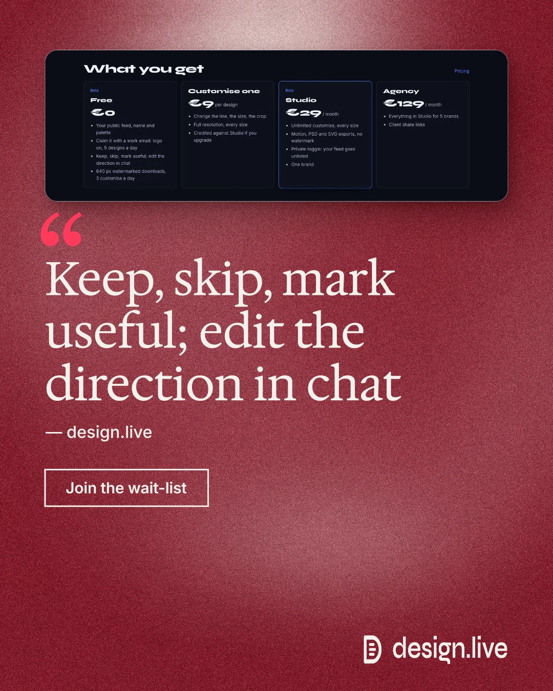 Instagram portrait post for design.live: "Keep, skip, mark useful; edit the direction in chat". Cyanotype style, quote layout, dark palette in red, pink.