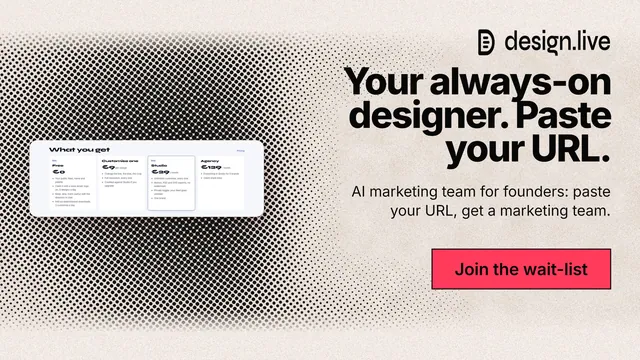 Landscape graphic for design.live: "Your always-on designer. Paste your URL." Ink sticker style, right layout, light palette in orange, grey, white.