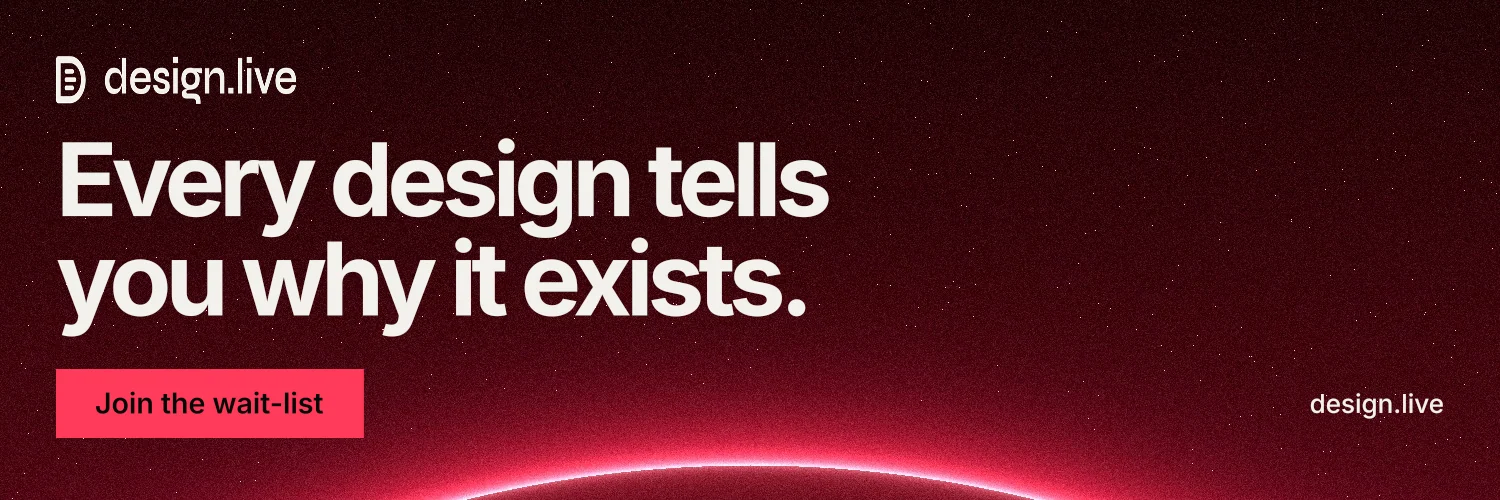X header for design.live: "Every design tells you why it exists." Swiss style, poster layout, dark palette in black, red, grey.
