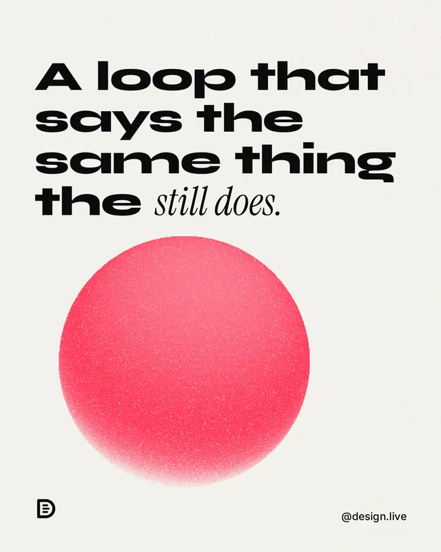 Instagram portrait post for design.live: "A loop that says the same thing the still does." Auto 4x5 style, technique:shader field layout, light palette in white, red.