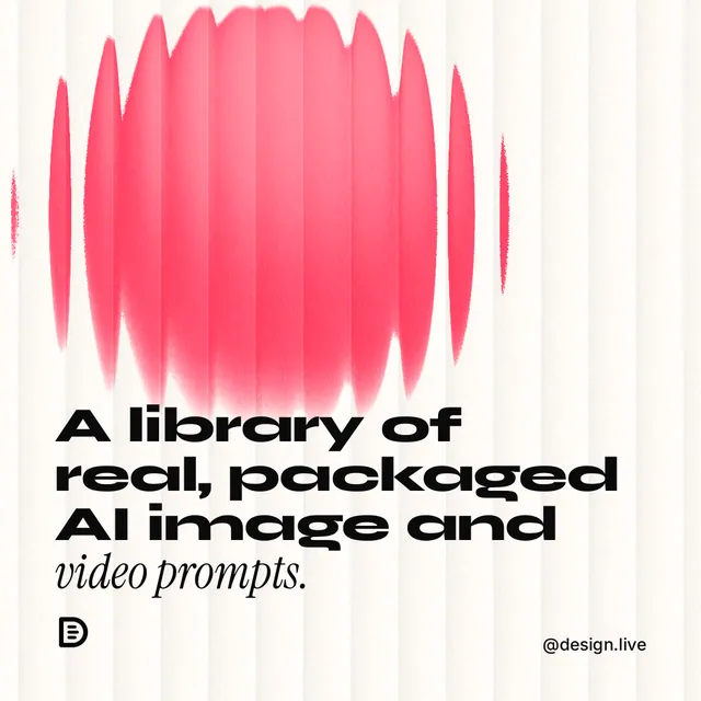 Instagram post for design.live: "A library of real, packaged AI image and video prompts." Auto 1x1 style, technique:shader field layout, light palette in red, white.