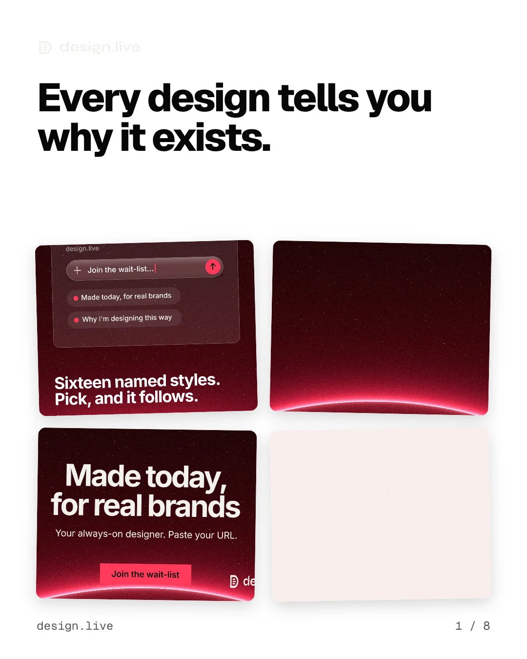 Carousel for design.live: "Every design tells you why it exists.". Collection carousel, 8 slides, light palette.