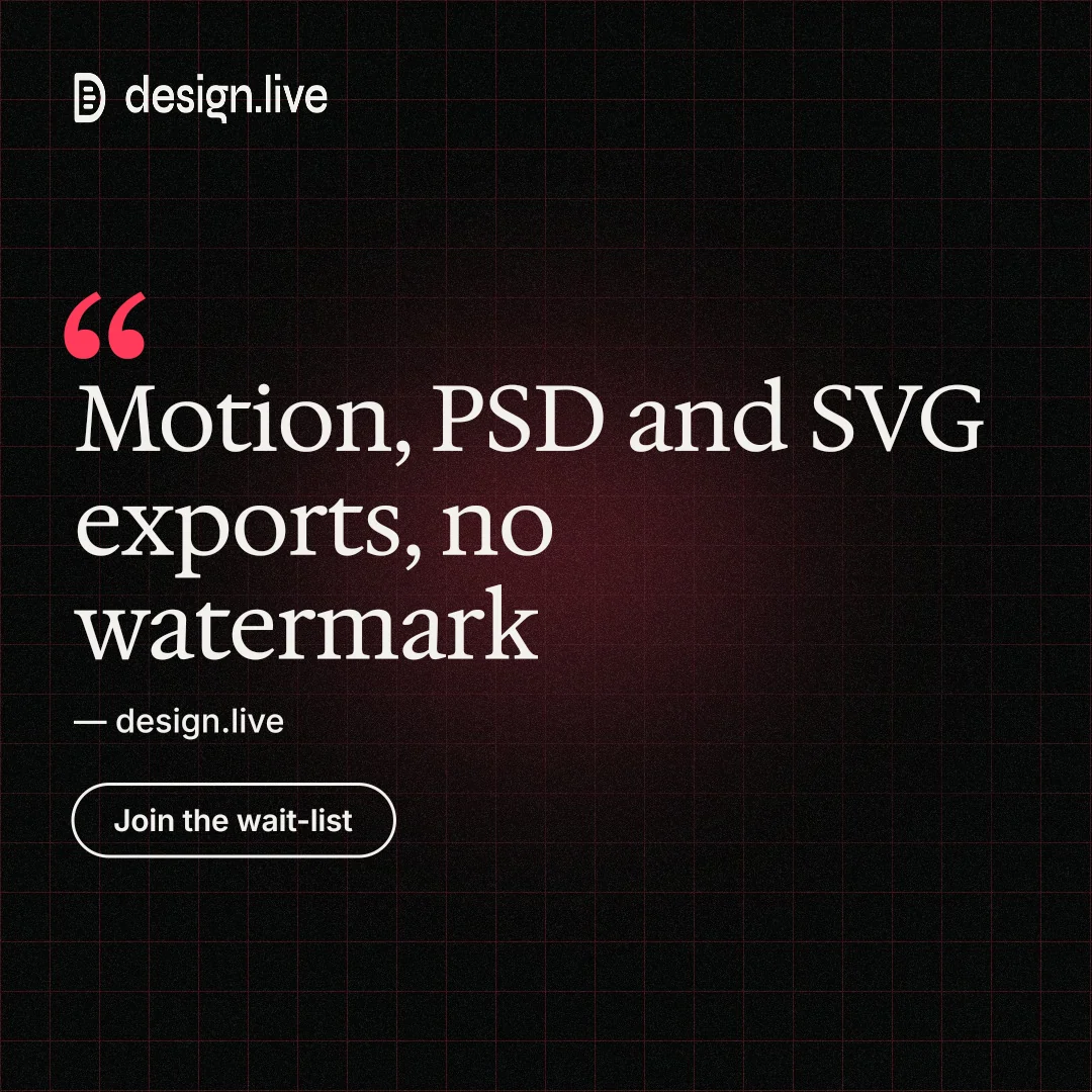 Instagram post for design.live: "Motion, PSD and SVG exports, no watermark". Phosphor atlas style, quote layout, dark palette in black.