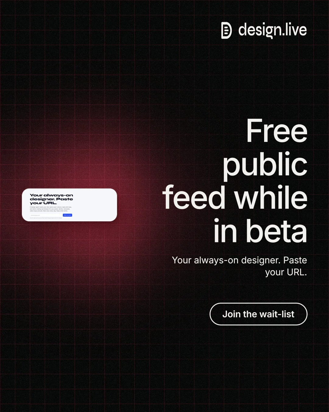 Instagram portrait post for design.live: "Free public feed while in beta". Phosphor atlas style, right layout, dark palette in black, red, grey.