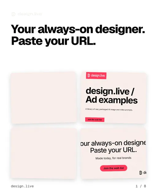 Carousel for design.live: "Your always-on designer. Paste your URL.". Collection carousel, 8 slides, light palette.