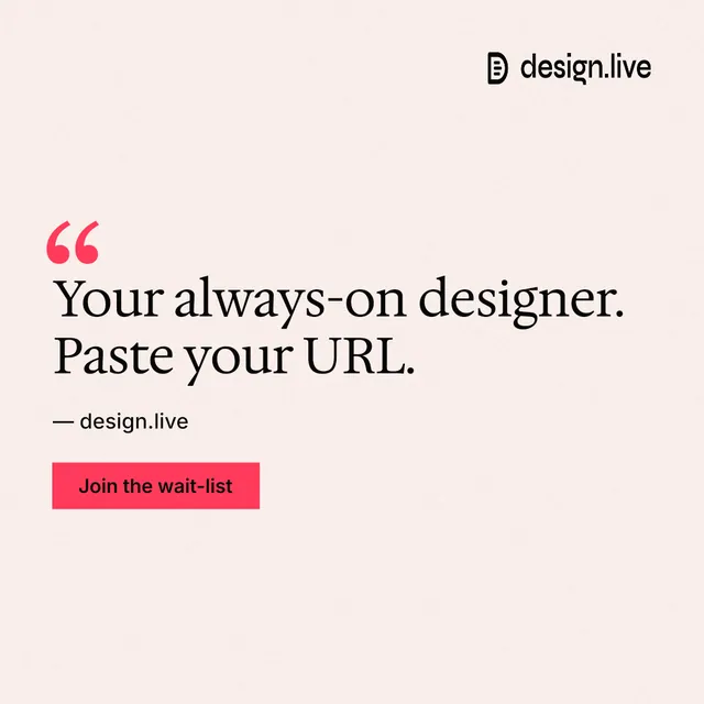 Instagram post for design.live: "Your always-on designer. Paste your URL." Swiss style, quote layout, light palette in white, red.