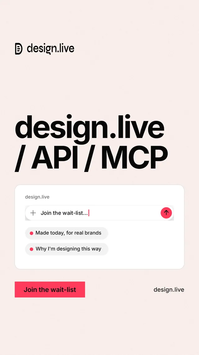 Instagram story for design.live: "design.live / API / MCP". Swiss style, poster layout, light palette in white, grey.