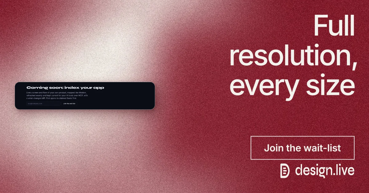 Social ad for design.live: "Full resolution, every size". Cyanotype style, right layout, dark palette in red.