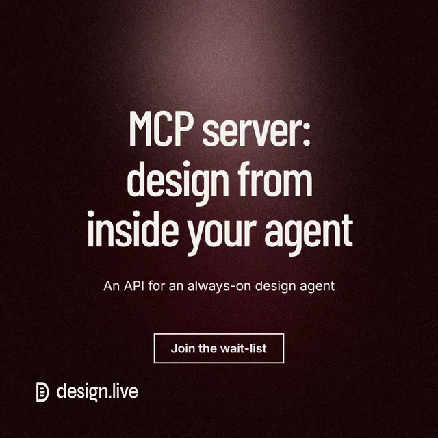 Instagram post for design.live: "MCP server: design from inside your agent". Dark deco style, centred layout, dark palette in black, red, grey.