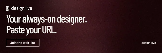 X header for design.live: "Your always-on designer. Paste your URL." Dark deco style, poster layout, dark palette in black, red, grey.