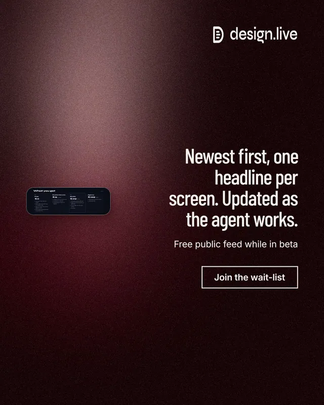Instagram portrait post for design.live: "Newest first, one headline per screen. Updated as the agent works." Dark deco style, right layout, dark palette in black, red, grey.