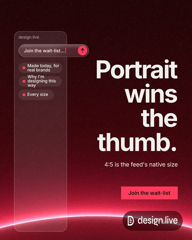 Instagram portrait post for design.live: "Portrait wins the thumb." Swiss style, right layout, dark palette in black, red.