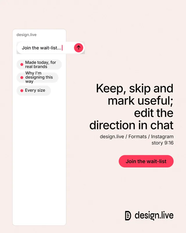 Instagram portrait post for design.live: "Keep, skip and mark useful; edit the direction in chat". Data card style, right layout, light palette in white, red.