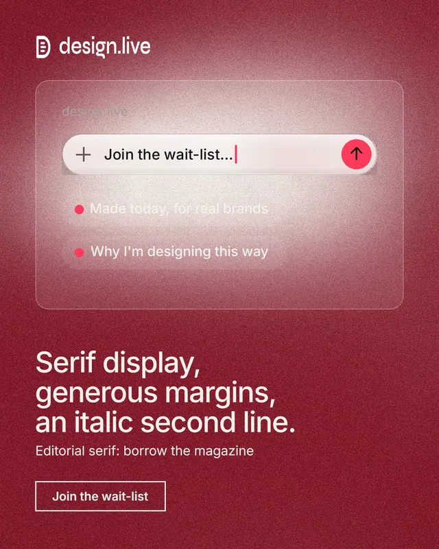 Instagram portrait post for design.live: "Serif display, generous margins, an italic second line." Cyanotype style, bottom layout, dark palette in red.