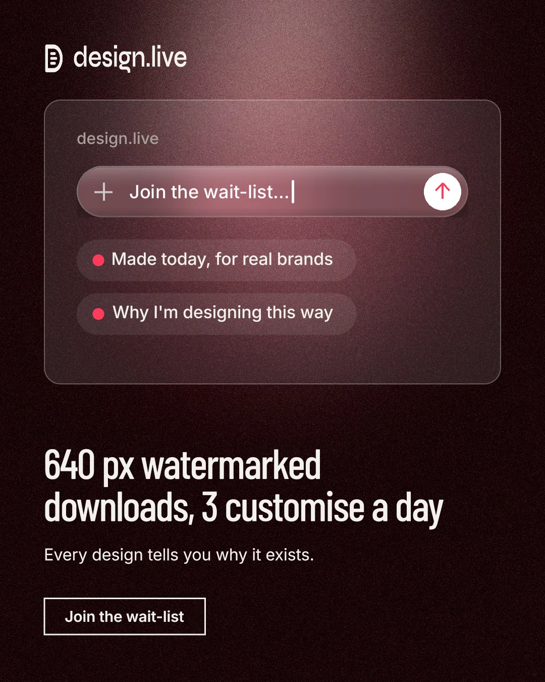 Instagram portrait post for design.live: "640 px watermarked downloads, 3 customise a day". Dark deco style, bottom layout, dark palette in black, red, grey.
