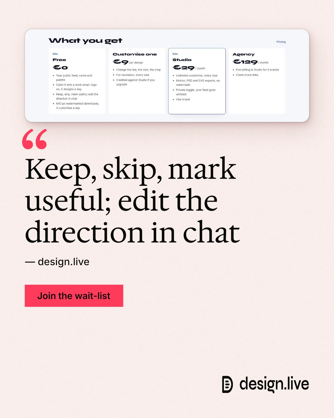 Instagram portrait post for design.live: "Keep, skip, mark useful; edit the direction in chat". Swiss style, quote layout, light palette in white, red.