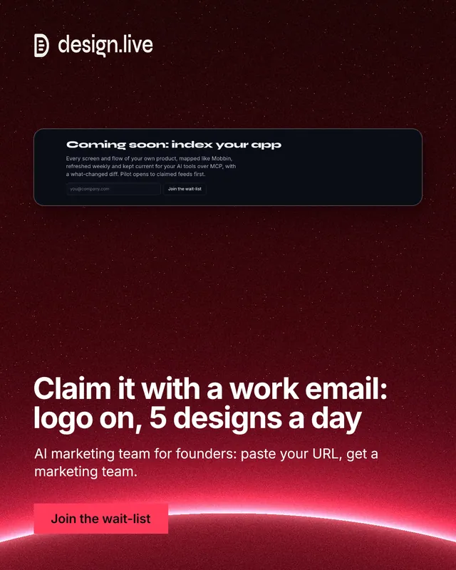 Instagram portrait post for design.live: "Claim it with a work email: logo on, 5 designs a day". Swiss style, bottom layout, dark palette in black, red.