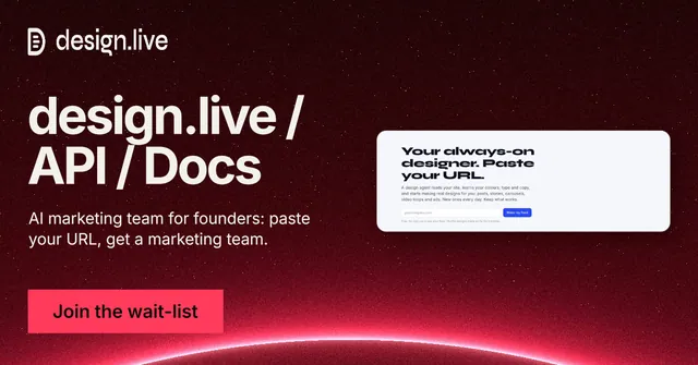 Social ad for design.live: "design.live / API / Docs". Swiss style, bottom layout, dark palette in red, black.