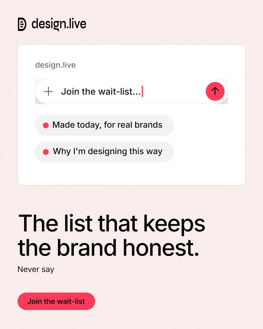 Instagram portrait post for design.live: "The list that keeps the brand honest." Data card style, bottom layout, light palette in white, red.