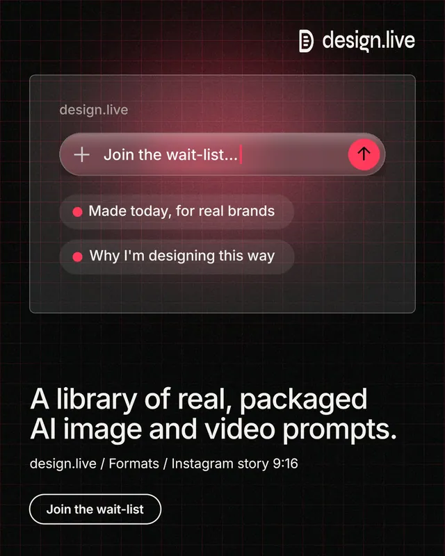 Instagram portrait post for design.live: "A library of real, packaged AI image and video prompts." Phosphor atlas style, bottom layout, dark palette in black, red.
