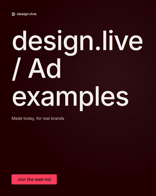 Video for design.live: "design.live / Ad examples". Doc motion loop, 6.0 s, dark palette.