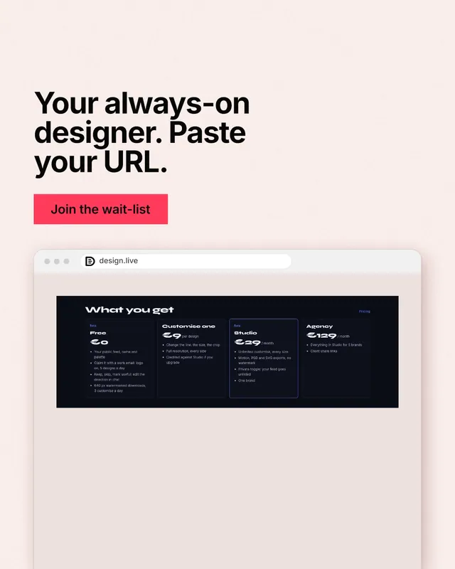 Instagram portrait post for design.live: "Your always-on designer. Paste your URL." Swiss style, browser layout, light palette in orange, white, grey.