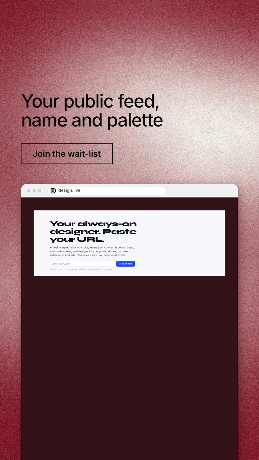 Instagram story for design.live: "Your public feed, name and palette". Cyanotype style, browser layout, dark palette in red, white.