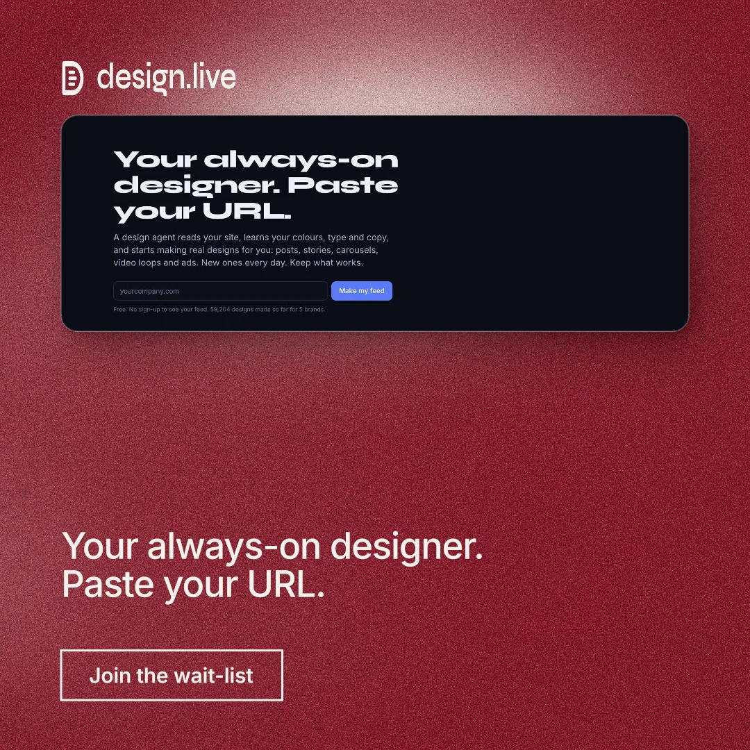 Instagram post for design.live: "Your always-on designer. Paste your URL." Cyanotype style, bottom layout, dark palette in red, black.