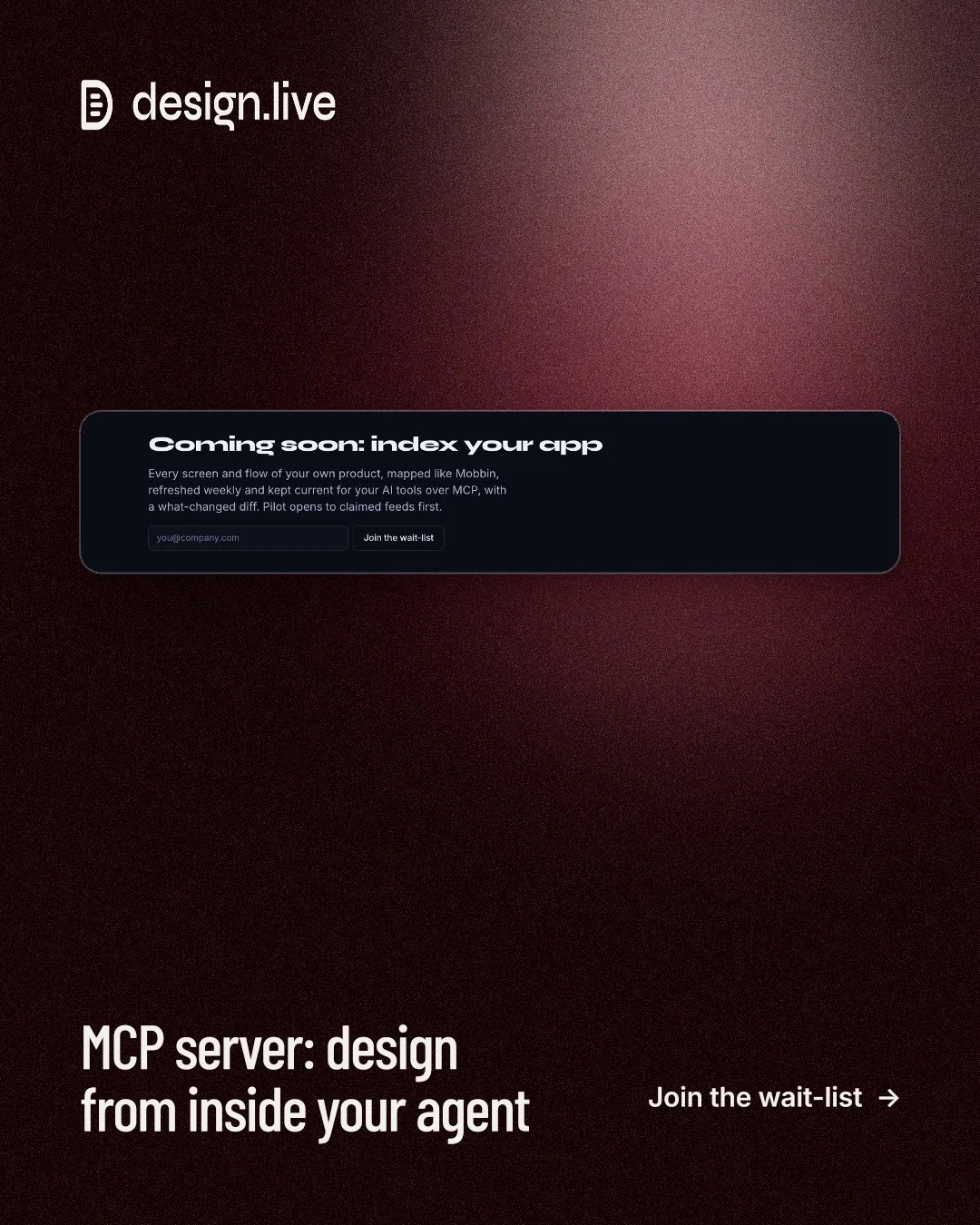 Instagram portrait post for design.live: "MCP server: design from inside your agent". Dark deco style, image led layout, dark palette in black, red.