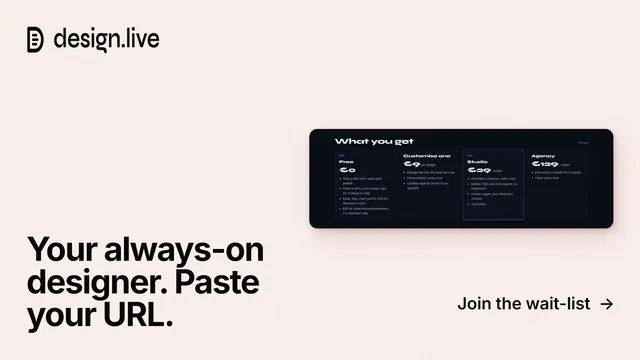 Landscape graphic for design.live: "Your always-on designer. Paste your URL." Swiss style, image led layout, light palette in white, grey.