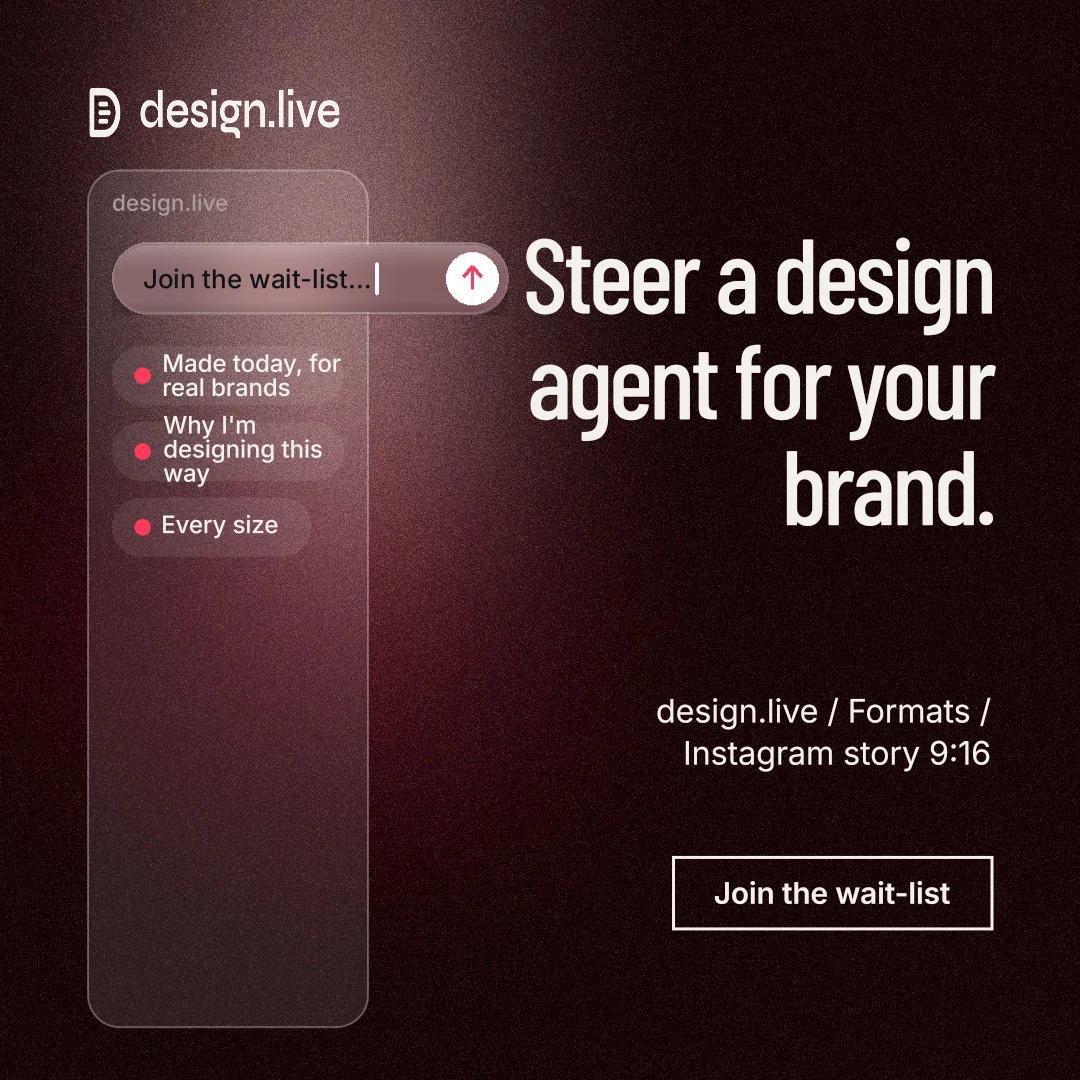 Instagram post for design.live: "Steer a design agent for your brand." Dark deco style, right layout, dark palette in black, red, grey.