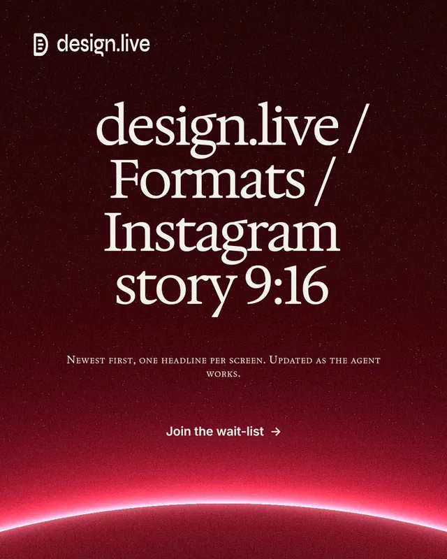 Instagram portrait post for design.live: "design.live / Formats / Instagram story 9:16". Swiss style, smallcaps layout, dark palette in black, red.