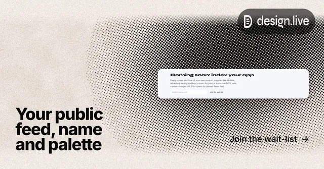 Social ad for design.live: "Your public feed, name and palette". Ink sticker style, image led layout, light palette in orange, grey, white.