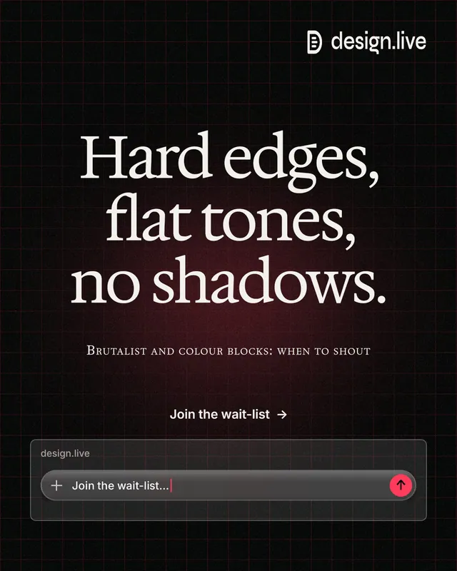 Instagram portrait post for design.live: "Hard edges, flat tones, no shadows." Phosphor atlas style, smallcaps layout, dark palette in black, grey.