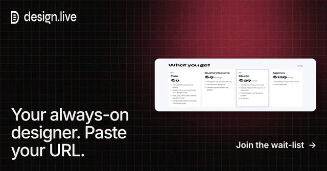 Social ad for design.live: "Your always-on designer. Paste your URL." Phosphor atlas style, image led layout, dark palette in black, red, white.