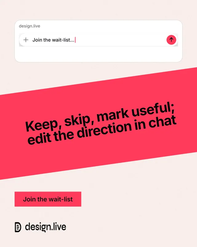 Instagram portrait post for design.live: "Keep, skip, mark useful; edit the direction in chat". Swiss style, diagonal layout, light palette in white, red.