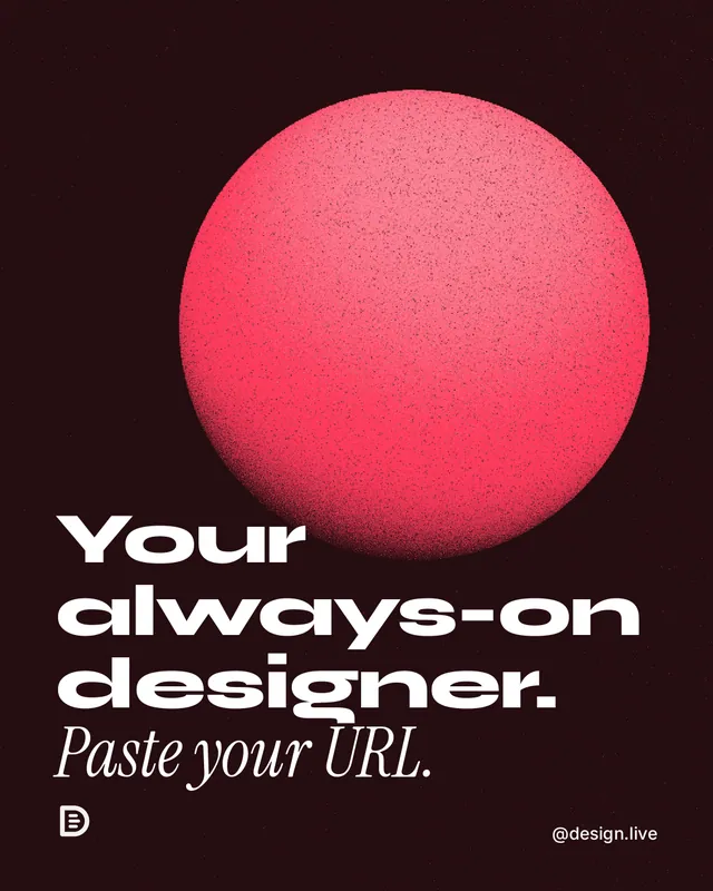 Instagram portrait post for design.live: "Your always-on designer. Paste your URL." Auto 4x5 style, technique:shader field layout, dark palette in black, red.