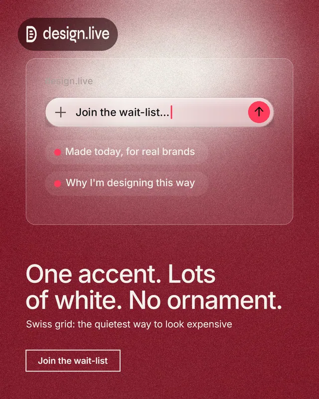Instagram portrait post for design.live: "One accent. Lots of white. No ornament." Cyanotype style, bottom layout, dark palette in red.