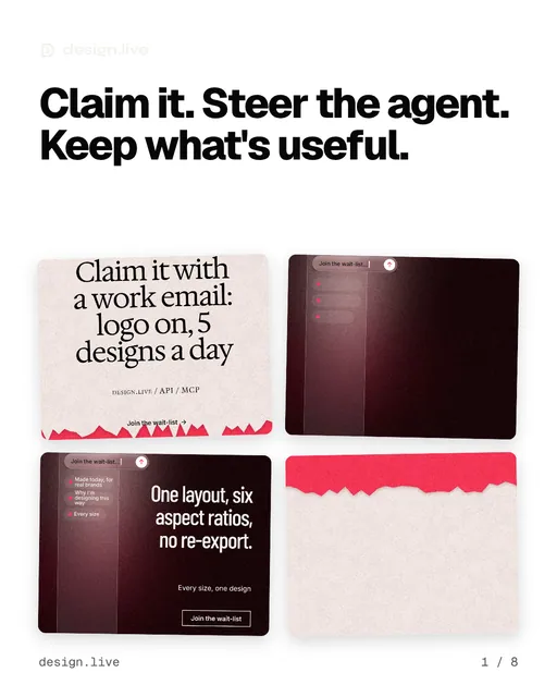 Carousel for design.live: "Claim it. Steer the agent. Keep what's useful.". Collection carousel, 8 slides, light palette.