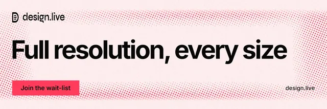 X header for design.live: "Full resolution, every size". Swiss style, poster layout, light palette in white, red.