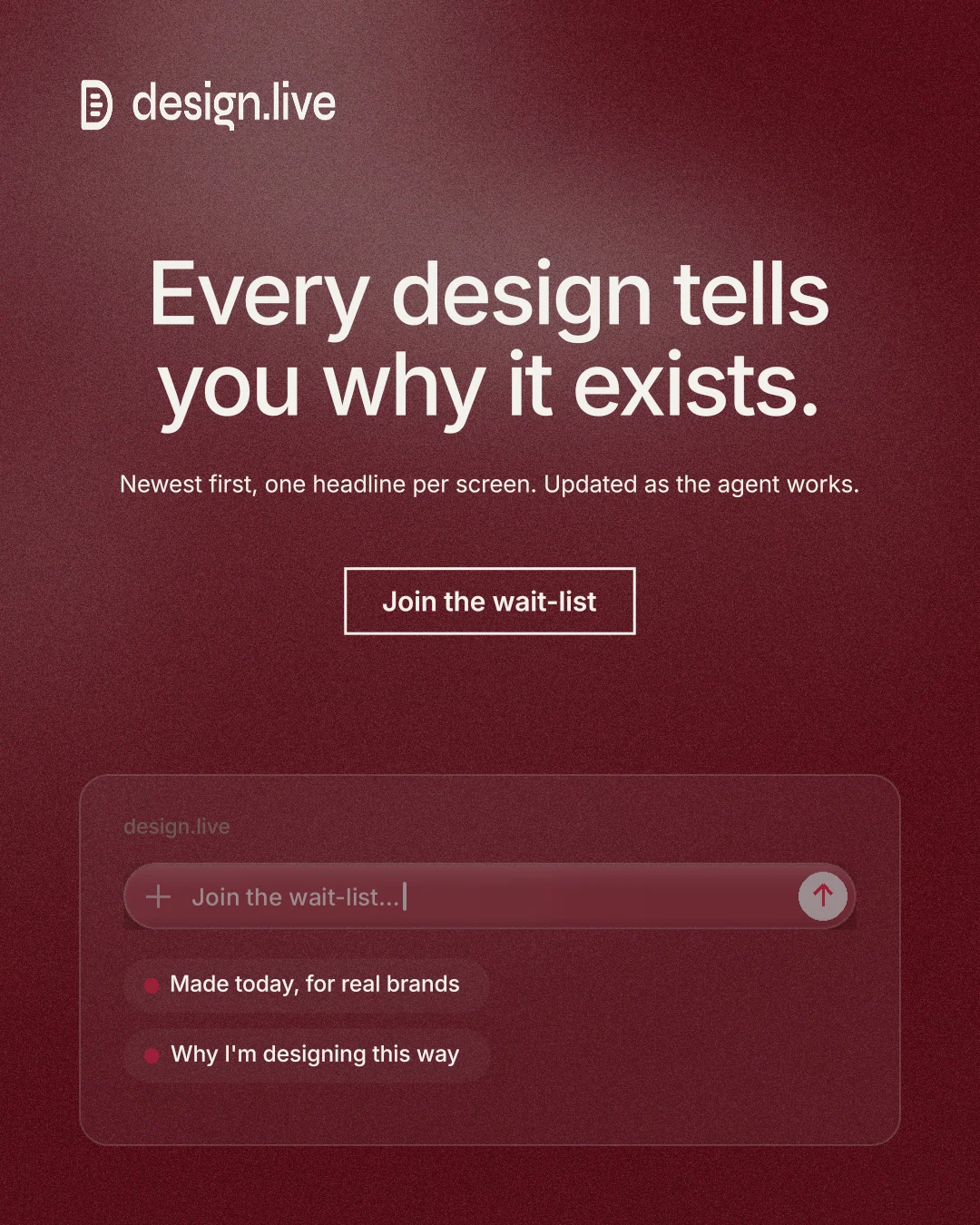 Instagram portrait post for design.live: "Every design tells you why it exists." Cyanotype style, centred layout, dark palette in red.