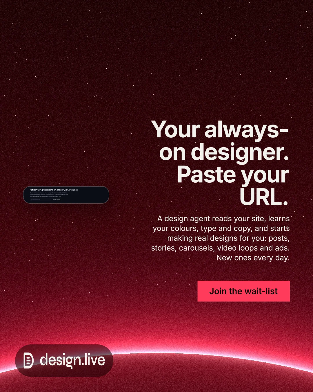 Instagram portrait post for design.live: "Your always-on designer. Paste your URL." Swiss style, right layout, dark palette in black, red.