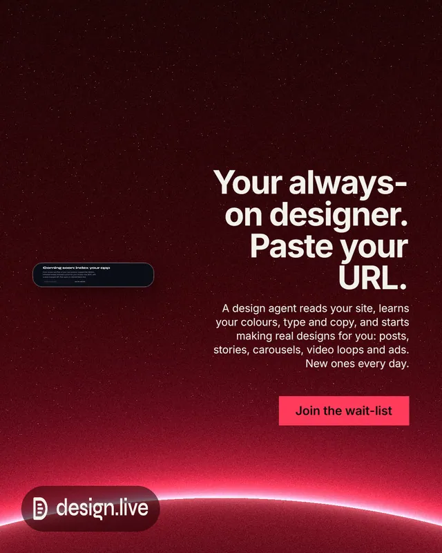 Instagram portrait post for design.live: "Your always-on designer. Paste your URL." Swiss style, right layout, dark palette in black, red.