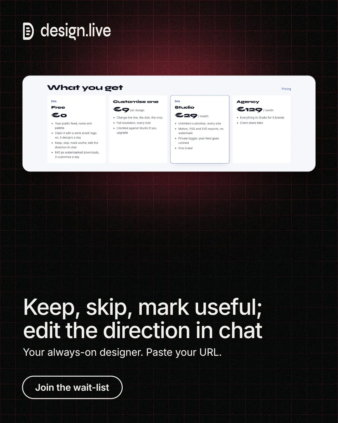 Instagram portrait post for design.live: "Keep, skip, mark useful; edit the direction in chat". Phosphor atlas style, bottom layout, dark palette in black, white.