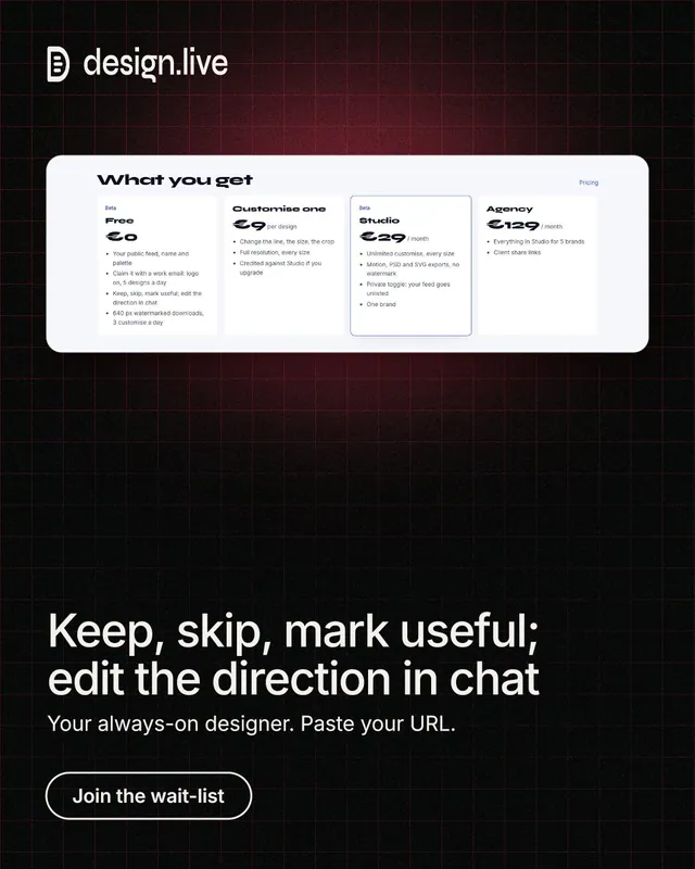 Instagram portrait post for design.live: "Keep, skip, mark useful; edit the direction in chat". Phosphor atlas style, bottom layout, dark palette in black, white.
