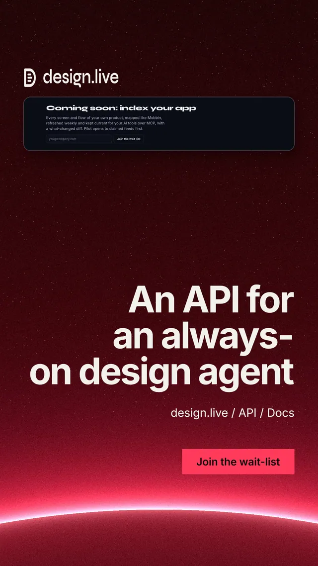 Instagram story for design.live: "An API for an always-on design agent". Swiss style, right layout, dark palette in black, red.