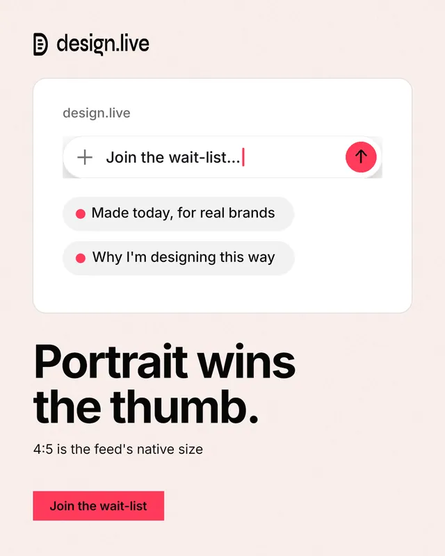Instagram portrait post for design.live: "Portrait wins the thumb." Swiss style, bottom layout, light palette in white, red.