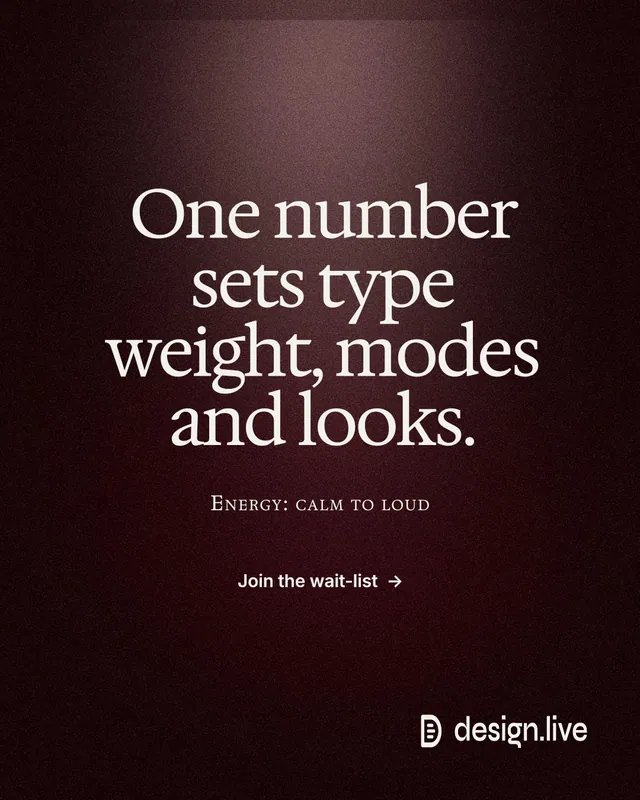 Instagram portrait post for design.live: "One number sets type weight, modes and looks." Dark deco style, smallcaps layout, dark palette in grey, black.
