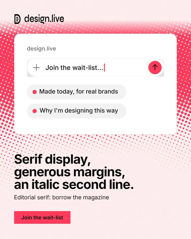 Instagram portrait post for design.live: "Serif display, generous margins, an italic second line." Swiss style, bottom layout, light palette in white, red.