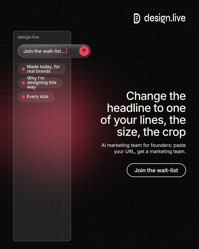 Instagram portrait post for design.live: "Change the headline to one of your lines, the size, the crop". Phosphor atlas style, right layout, dark palette in red, grey, black.
